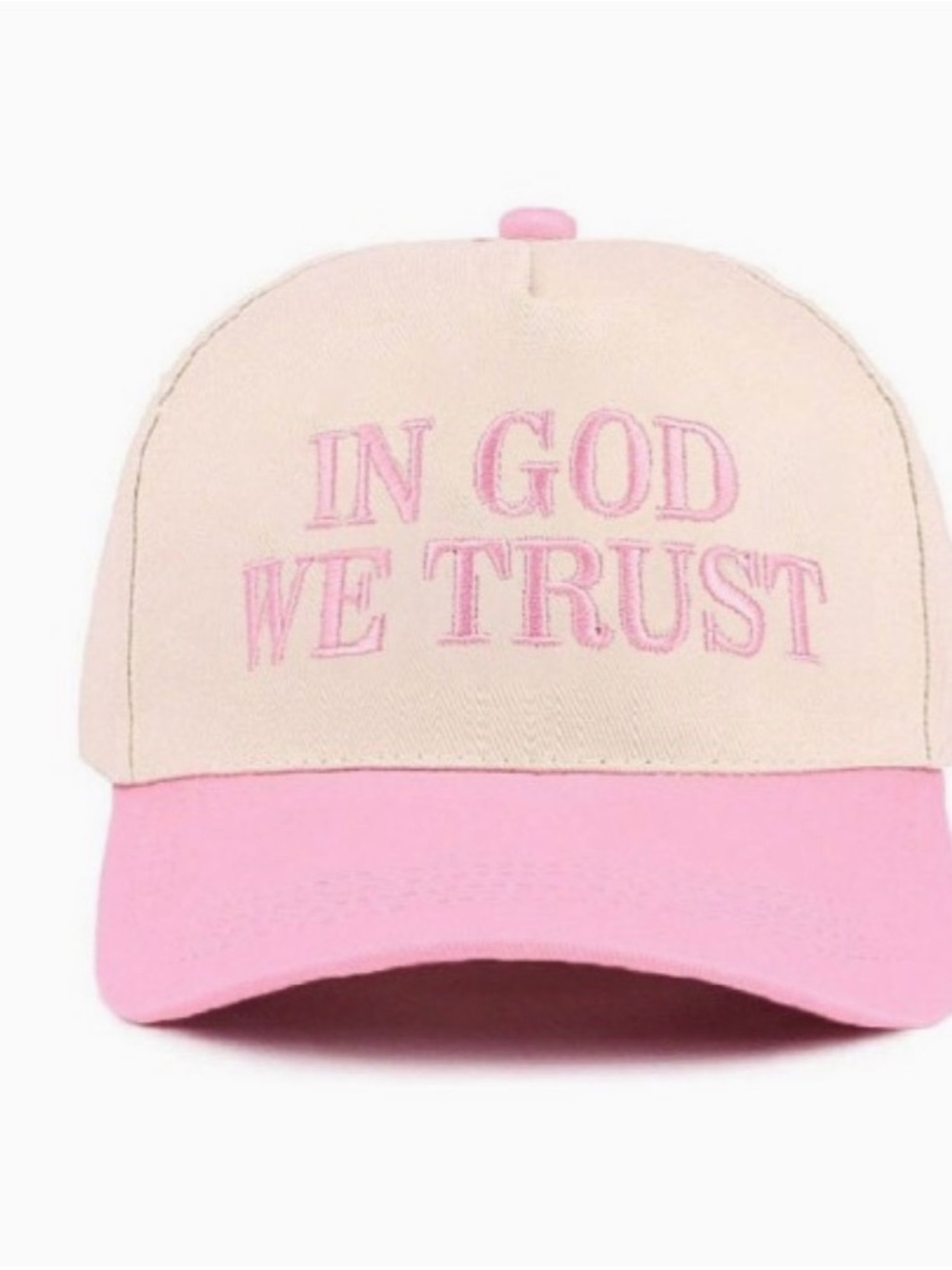 Two-Tone Pink & Cream Baseball Cap with 'In God We Trust' Embroidery
